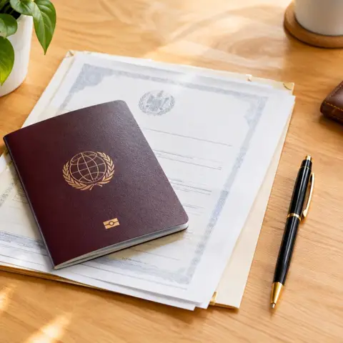 Passport and official documents with a pen on a desk