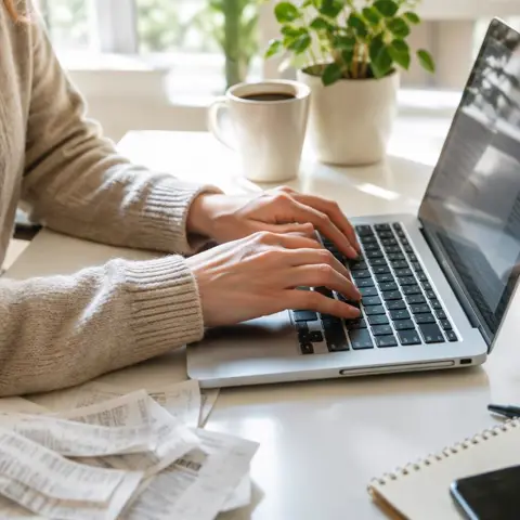 Hands typing on a laptop at a bright desk with receipts and coffee