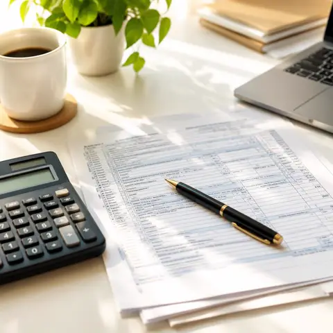 Tax forms with a calculator and pen on a clean white desk